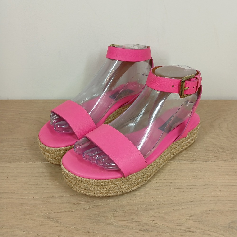 Polo Ralph Lauren Sandals Womens 7.5 Pink Leather Espadrille Buckle Platform